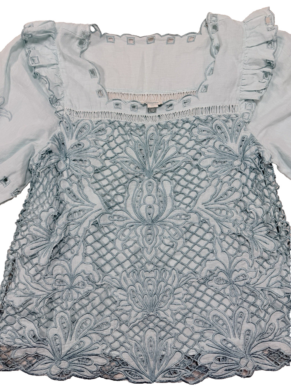 Sundance Lace Crochet Linen Blend Top Cottagecore Boho Prairie Skyblue Women Lg - Picture 1 of 15